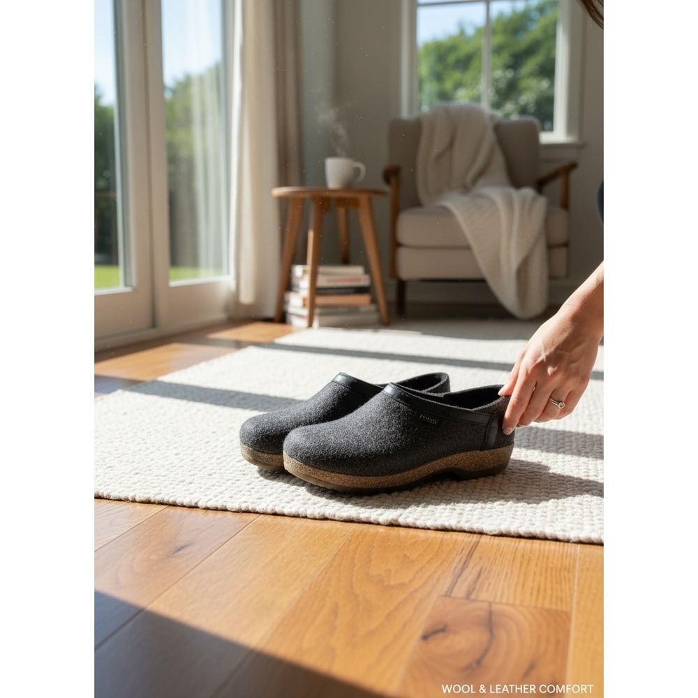 Haflinger Clogs Women 9 Charcoal Excellent Wool Cork Leather Trim Grizzly Mules